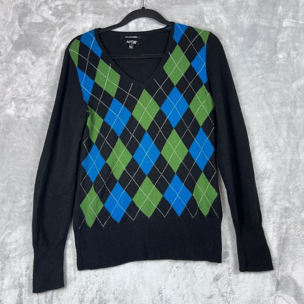 APT 9 100% Cashmere Sweater Argyle V Neck  Black‎ Blue Green Womens L